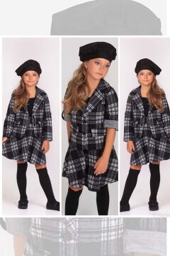 Kız Çocuk Ekose Desenli Blazer Ceket ve Siyah Etekli Takım