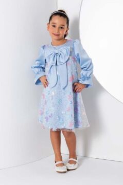 Kız Çocuk Göğsü Kurdele ve Üzeri Kelebek İşlemeli İspanyol Kollu Mavi Şifon Elbise