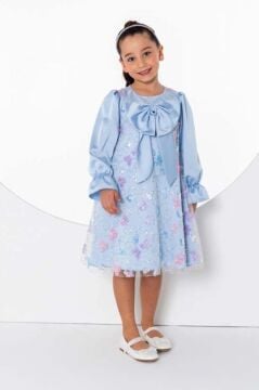 Kız Çocuk Göğsü Kurdele ve Üzeri Kelebek İşlemeli İspanyol Kollu Mavi Şifon Elbise