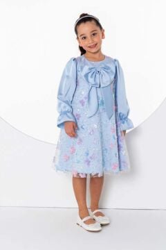 Kız Çocuk Göğsü Kurdele ve Üzeri Kelebek İşlemeli İspanyol Kollu Mavi Şifon Elbise