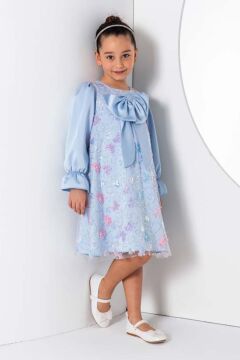 Kız Çocuk Göğsü Kurdele ve Üzeri Kelebek İşlemeli İspanyol Kollu Mavi Şifon Elbise