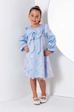 Kız Çocuk Göğsü Kurdele ve Üzeri Kelebek İşlemeli İspanyol Kollu Mavi Şifon Elbise