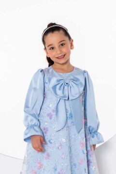 Kız Çocuk Göğsü Kurdele ve Üzeri Kelebek İşlemeli İspanyol Kollu Mavi Şifon Elbise