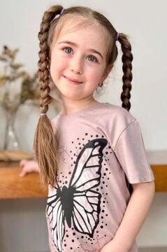 Kız Çocuk Kara Kalem Kelebek Baskılı Penye Pudra T-Shirt Şortlu Takım
