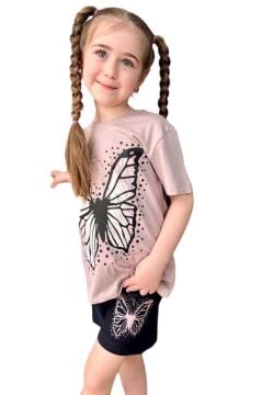 Kız Çocuk Kara Kalem Kelebek Baskılı Penye Pudra T-Shirt Şortlu Takım
