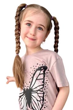 Kız Çocuk Kara Kalem Kelebek Baskılı Penye Pudra T-Shirt Şortlu Takım