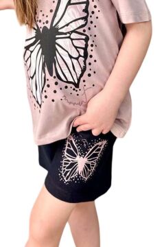 Kız Çocuk Kara Kalem Kelebek Baskılı Penye Pudra T-Shirt Şortlu Takım