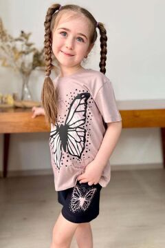 Kız Çocuk Kara Kalem Kelebek Baskılı Penye Pudra T-Shirt Şortlu Takım