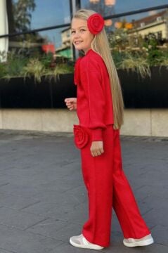 Kız Çocuk Balıkçı Yaka Omuzunda Gül Broşlu Kazak Bol Kesim Kırmızı Triko Alt Üst Takım