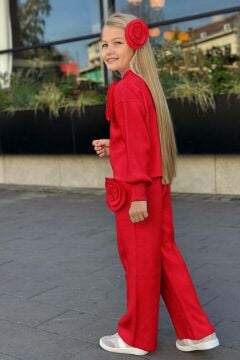 Kız Çocuk Balıkçı Yaka Omuzunda Gül Broşlu Kazak Bol Kesim Kırmızı Triko Alt Üst Takım