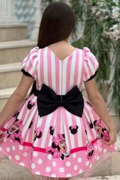 Kız Çocuk Minnie Baskılı Çizgi Detaylı Tüllü Pembe Elbise