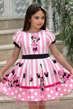 Kız Çocuk Minnie Baskılı Çizgi Detaylı Tüllü Pembe Elbise