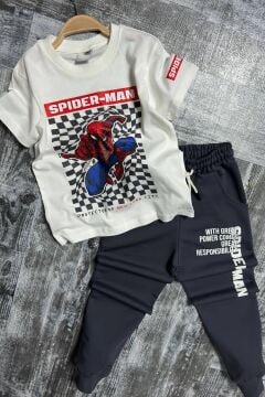 Erkek Çocuk Kare Desen ve Spiderman Detay ve Yazı Baskılı T-Shirt Füme Eşofman Takım