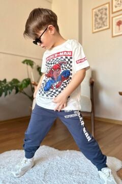 Erkek Çocuk Kare Desen ve Spiderman Detay ve Yazı Baskılı T-Shirt Füme Eşofman Takım
