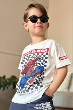 Erkek Çocuk Kare Desen ve Spiderman Detay ve Yazı Baskılı T-Shirt Füme Eşofman Takım